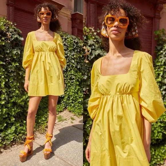 Staud Sophie 3/4 puff sleeve cotton poplin mini dress size M medium - Picture 6 of 16